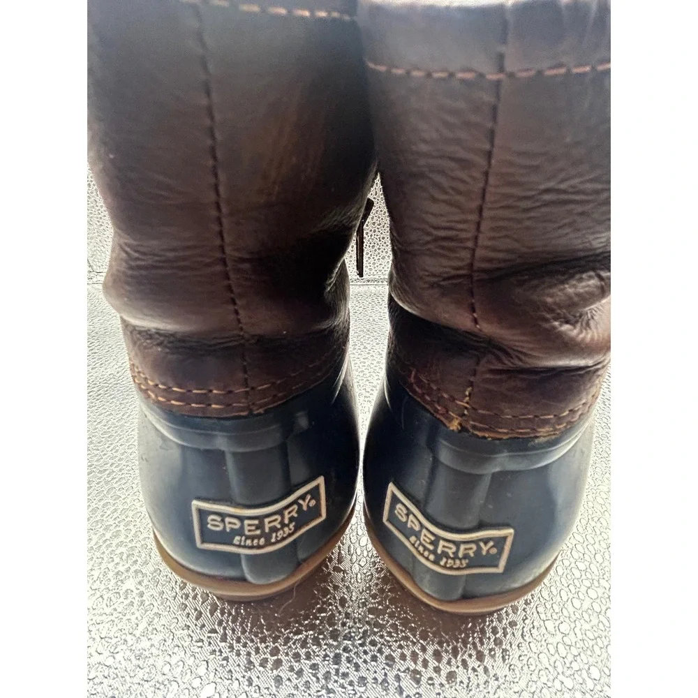 Sperry Saltwater Duck Boots Womens 7 Brown Navy Leather Waterproof STS91175